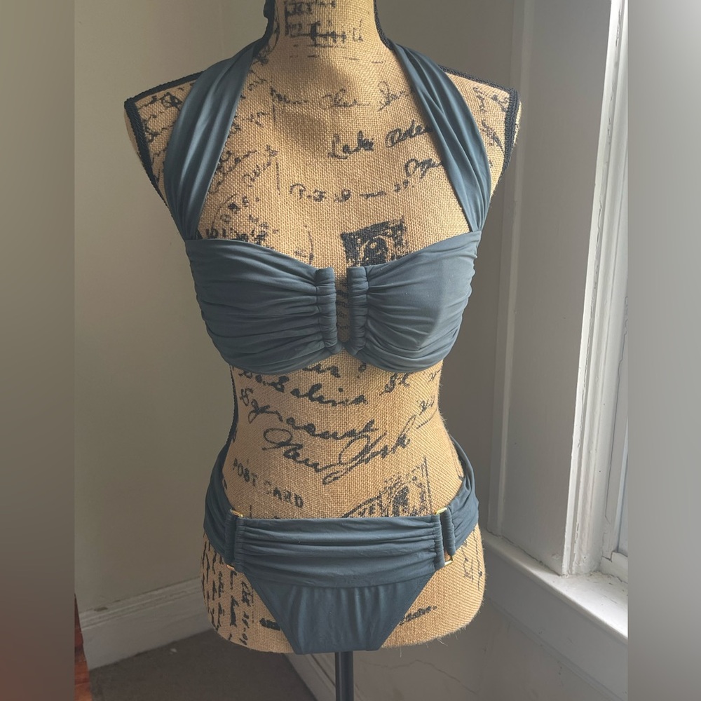 EUC VS Teal/Grey Bandeau Bikini with Metallic Gold Details
